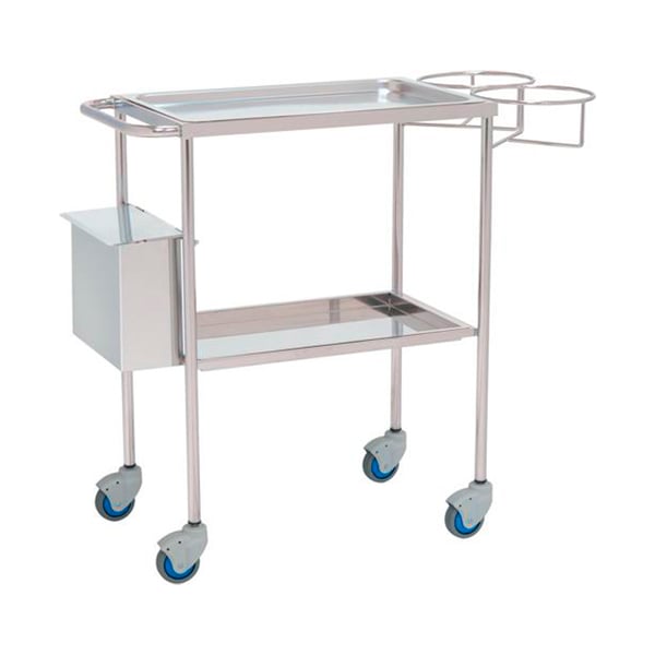 Carrello medicazione in acciaio inox: Due vassoi, secchio per rifiuti e supporto per bottiglie